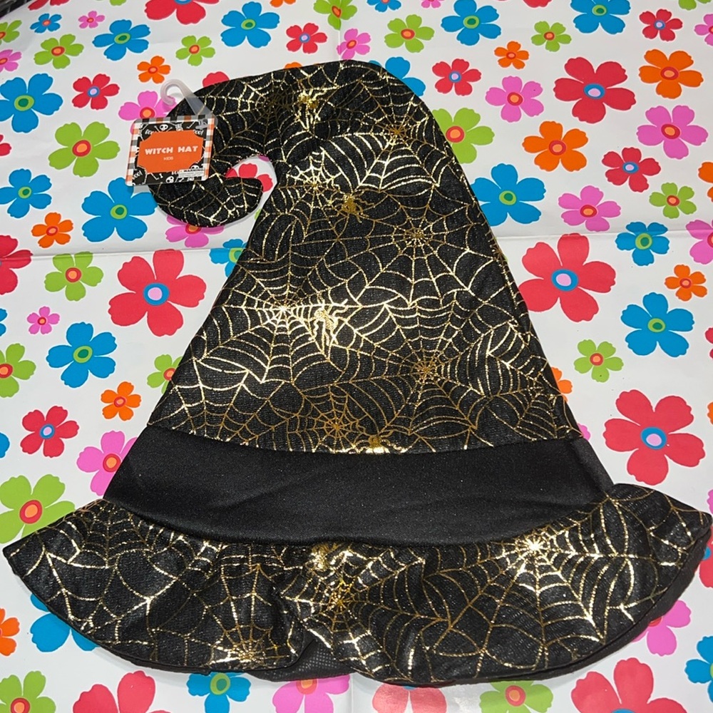 New Beautiful Gold Glitter Large Webs/Spider Kids Halloween Witch Hat Decor (A)